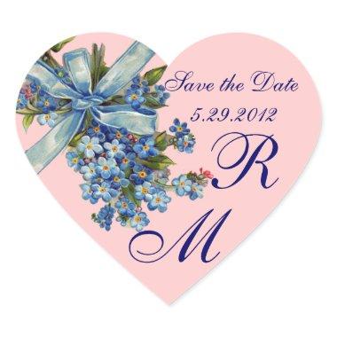 FORGET ME NOTS MONOGRAM ,WEDDING PARTY blue pink Heart Sticker
