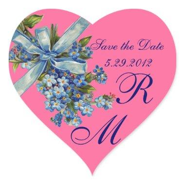 FORGET ME NOTS MONOGRAM ,WEDDING PARTY blue pink Heart Sticker