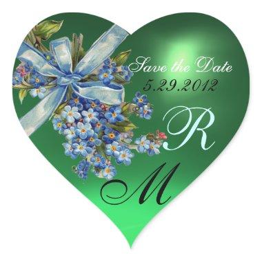 FORGET ME NOTS MONOGRAM ,WEDDING PARTY green blue Heart Sticker
