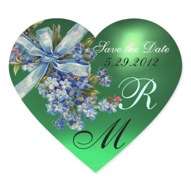 FORGET ME NOTS MONOGRAM ,WEDDING PARTY green blue Heart Sticker