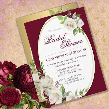 Formal Burgundy Red Floral Gold Bridal Shower Invitations