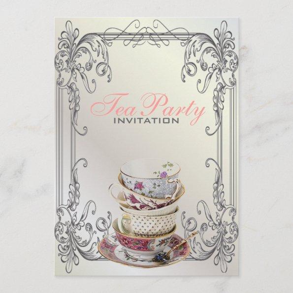 Formal elegant swirls White vintage tea party Invitations
