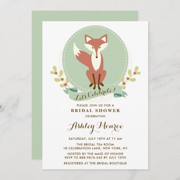 Fox Portrait Green Bridal Shower Invitations