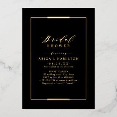 Framed Elegance Black Gold Simple Bridal Shower Foil Invitations