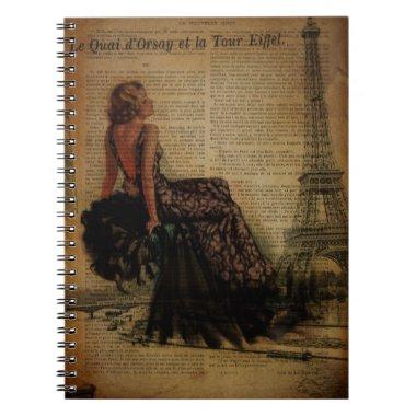 france eiffel tower retro paris pin up girl notebook