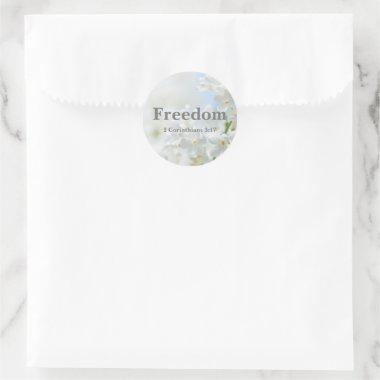 Freedom Bible Verse with Elegant White Flowers Classic Round Sticker