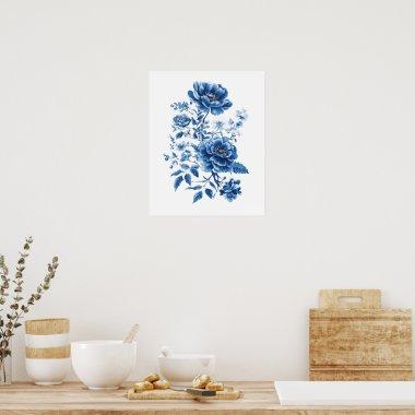 French Blue Watercolor Toile Chinoiserie Floral Poster