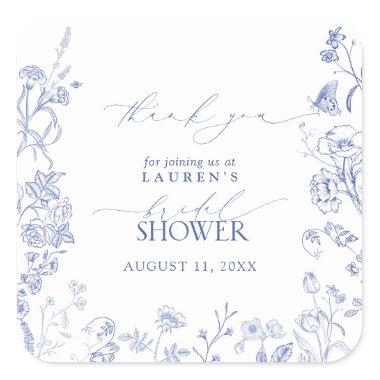 French Blue & White Floral Bridal Shower Thank You Square Sticker