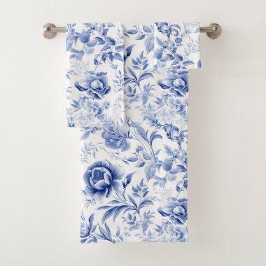 French Blue White Floral Toile Pattern Gift Bath Towel Set
