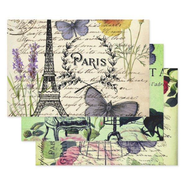 french botanical flower vintage eiffel tower paris wrapping paper sheets