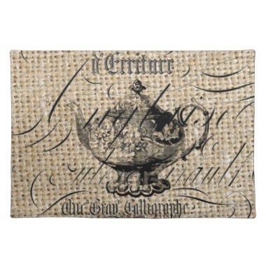 french country burlap scripts teapot tea party placemat
