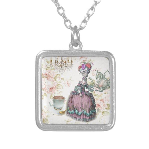 French floral Paris Tea Party Marie Antoinette Silver Plated Necklace