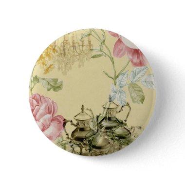French floral Teacup Teapot Paris Tea Party Pinback Button