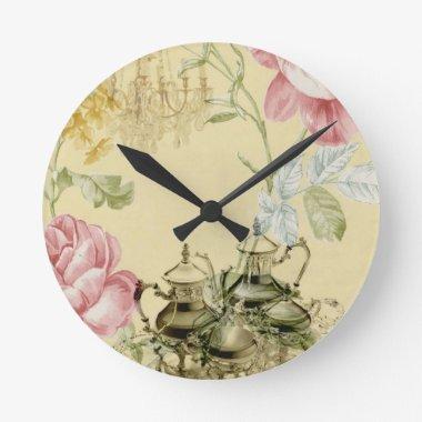 French floral Teacup Teapot Paris Tea Party Round Clock