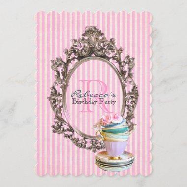 french pink stripes cupcake paris birthday party Invitations