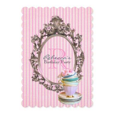 french pink stripes cupcake paris birthday party Invitations