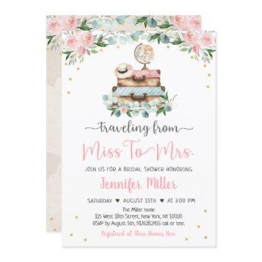 From Miss To Mrs Pink Floral Travel Bridal Shower Invitations