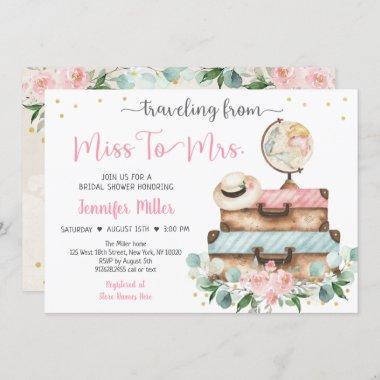 From Miss To Mrs Pink Floral Travel Bridal Shower Invitations