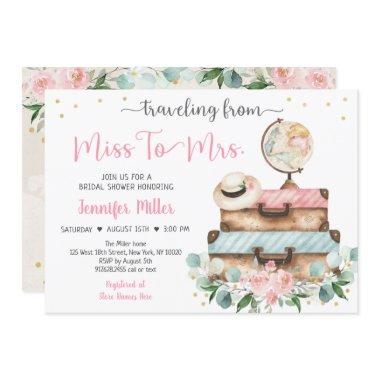 From Miss To Mrs Pink Floral Travel Bridal Shower Invitations