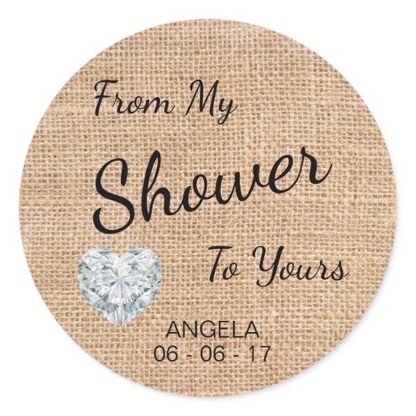 'From My Shower To Yours' Burlap, Sugar Scrub Classic Round Sticker