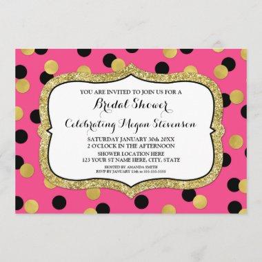 Fuchsia Black Gold Confetti Bridal Shower Invitations