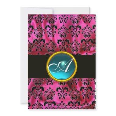 FUCHSIA BLACK SILK DAMASK BLUE GEM MONOGRAM Invitations