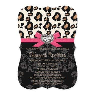 Fuchsia Bow Leopard Print Faux Bling Bridal Shower Invitations