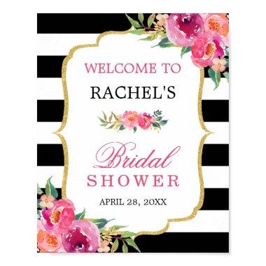 Fuchsia Floral Black Stripes Bridal Shower Sign