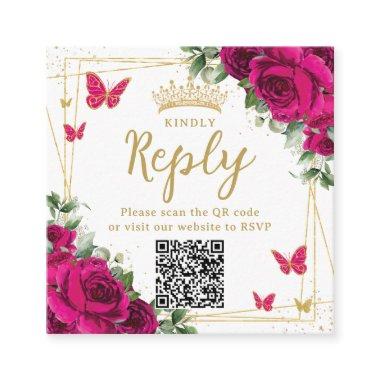 Fuchsia Floral Butterflies Quinceanera RSVP QR Enclosure