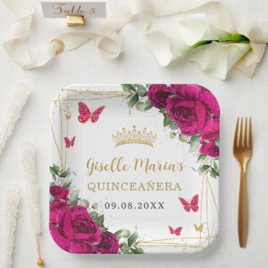 Fuchsia Hot Pink Floral Butterflies Quinceañera Paper Plates