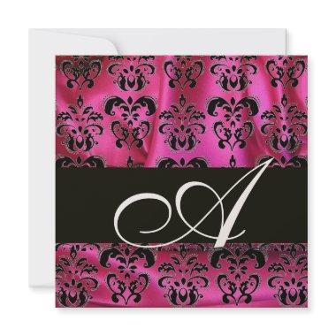 FUCHSIA PINK BLACK DAMASK CLOTH MONOGRAM Champagne Invitations