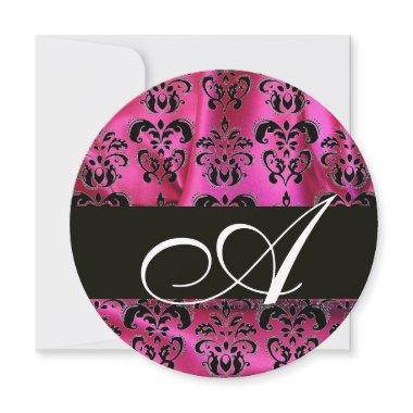 FUCHSIA PINK BLACK DAMASK CLOTH MONOGRAM Circle Invitations