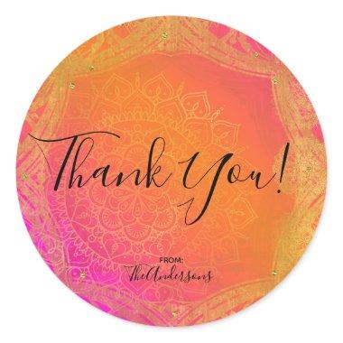 Fuchsia Pink Orange & Gold Indian Mandala Party Classic Round Sticker