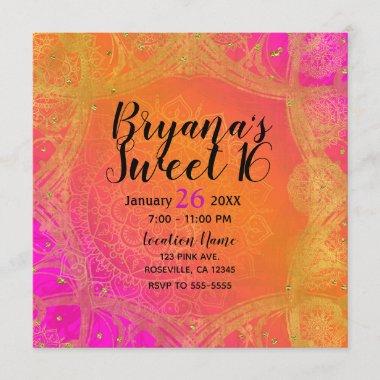 Fuchsia Pink Orange & Gold Indian Mandala Party Invitations