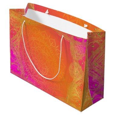 Fuchsia Pink Orange & Gold Indian Mandala Party Large Gift Bag