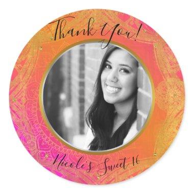 Fuchsia Pink Orange Gold Mandala PHOTO Party Classic Round Sticker