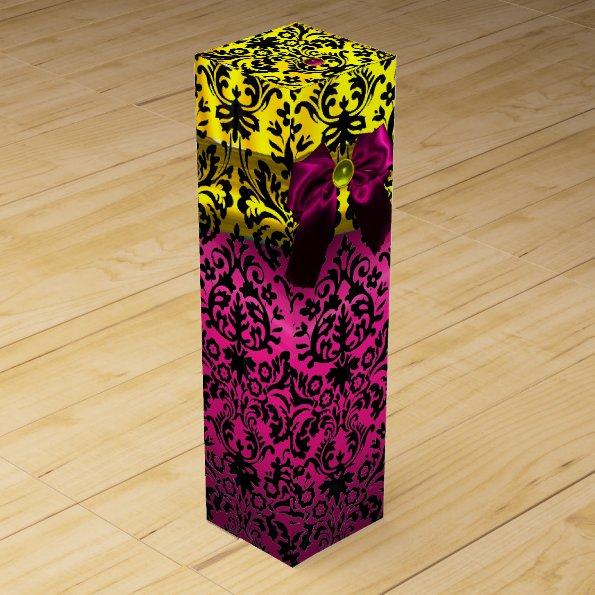 FUCHSIA PINK RIBBON, BLACK GOLD ART NOUVEAU DAMASK WINE GIFT BOX