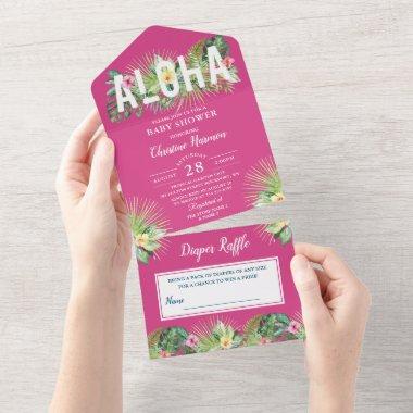 Fuchsia Pink Tropical Baby Shower Diaper Raffle All In One Invitations
