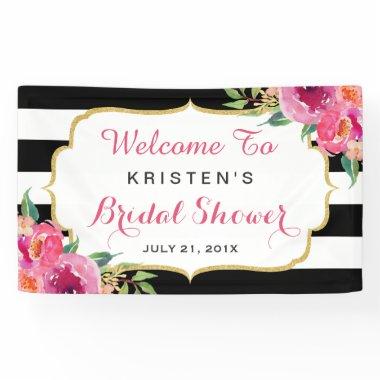 Fuchsia Purple Red Floral Stripes Bridal Shower Banner