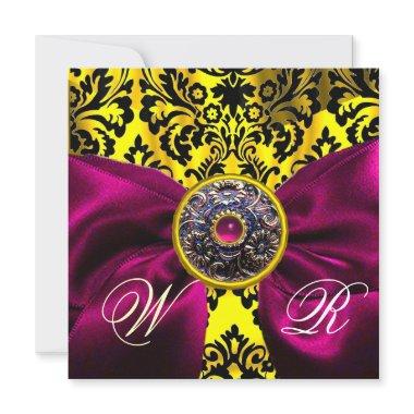 FUCHSIA RIBBON GOLD YELLOW BLACK DAMASK MONOGRAM Invitations