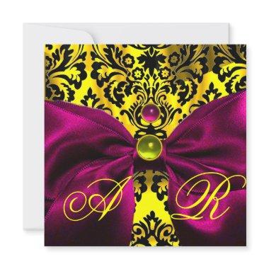 FUCHSIA RIBBON GOLD YELLOW BLACK DAMASK MONOGRAM Invitations