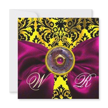 FUCHSIA RIBBON GOLD YELLOW BLACK DAMASK MONOGRAM Invitations