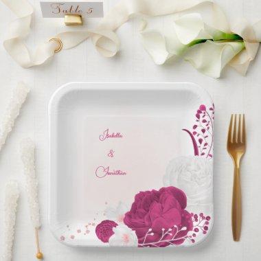 fuchsia & white floral wedding paper plates