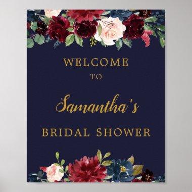 Fully editable navy burgundy floral welcome sign