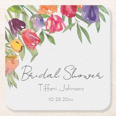 Fun and Bright Tulips and Greenery  Square Paper Coaster