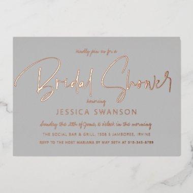 Fun Casual Script Gray Bridal Shower Rose Gold Foil Invitations