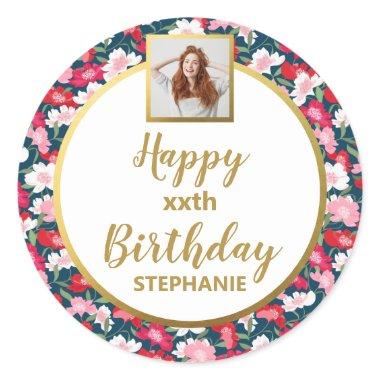 Fun Colorful Flowers, Custom Photo, Happy Birthday Classic Round Sticker