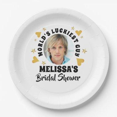 Fun Grooms Face Photo Gold Hearts Bridal Shower Paper Plates