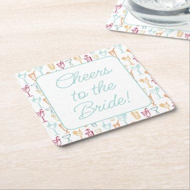 Fun Hand Drawn Cocktail Pattern Bridal Shower Square Paper Coaster