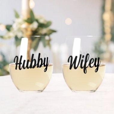 Fun Hubby + Wifey Script Wedding Newlyweds Stemless Wine Glass